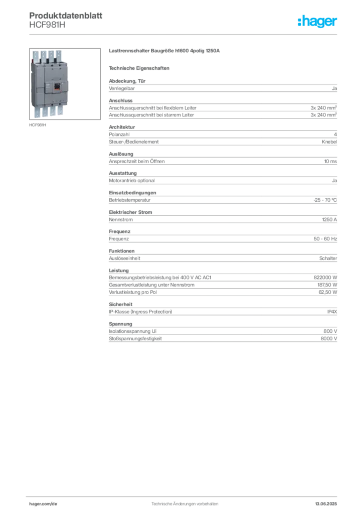 Hager Produktdatenblatt HCF981H