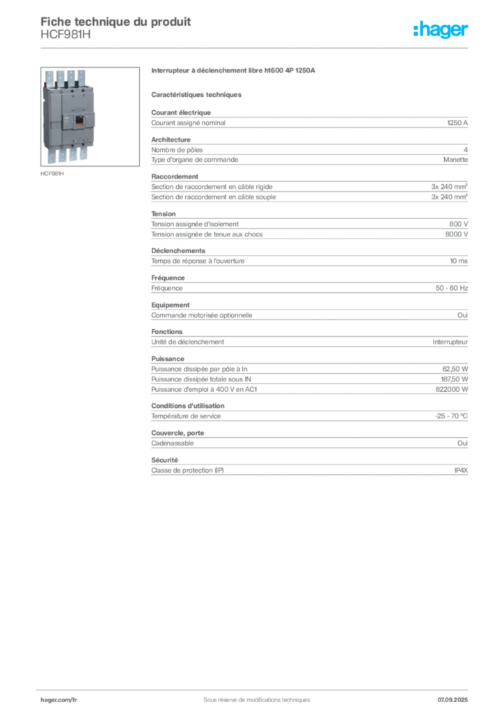 Image Hager Fiche technique du produit HCF981H | Hager France