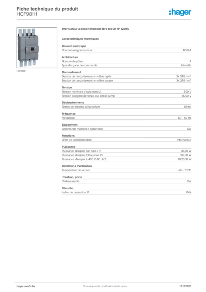 Image Hager Fiche technique du produit HCF981H | Hager Belgique