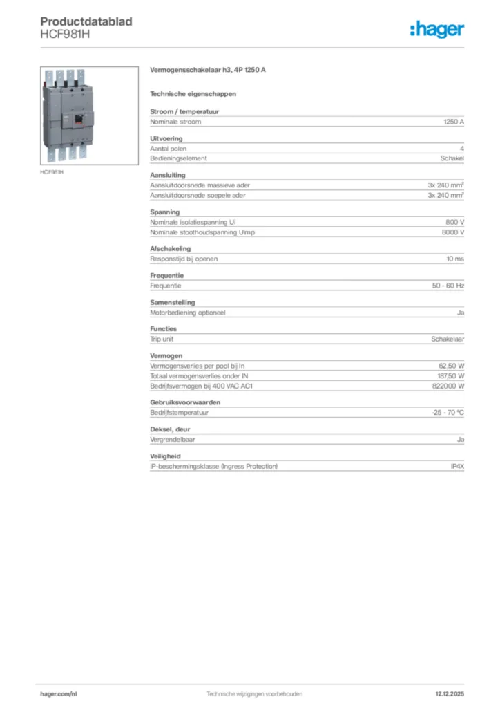 Afbeelding Hager Productdatablad HCF981H | Hager Nederland