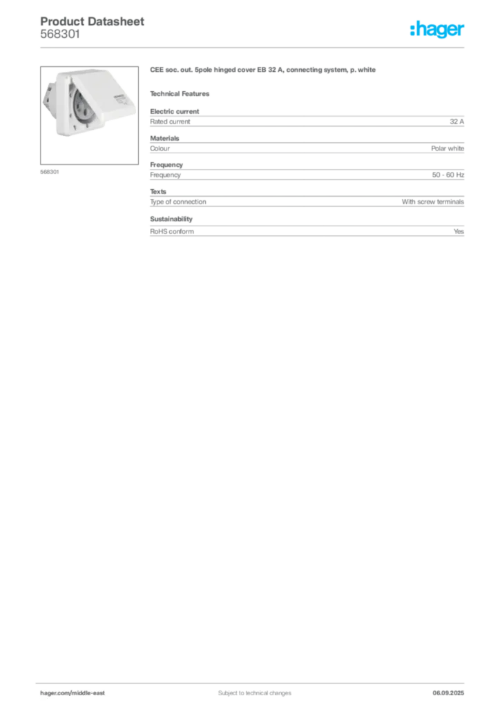 Image Hager Product data sheet 568301  | Hager