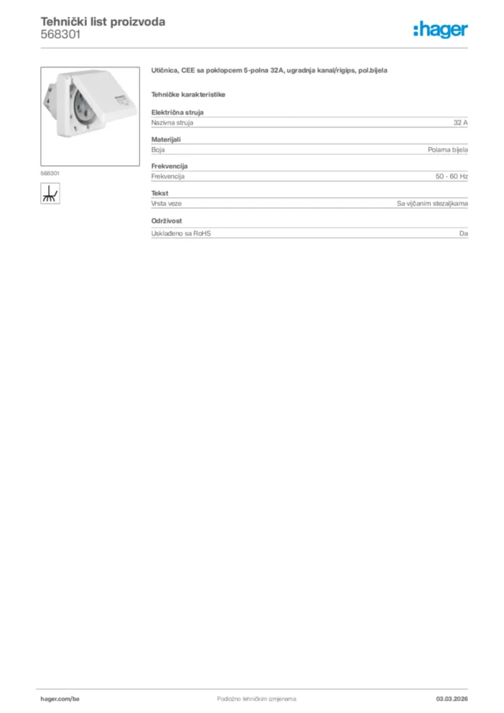 Slika Hager Tehnički list proizvoda 568301  | Hager