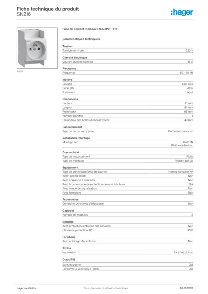 Image Hager Fiche technique du produit SN216 | Hager Afrique