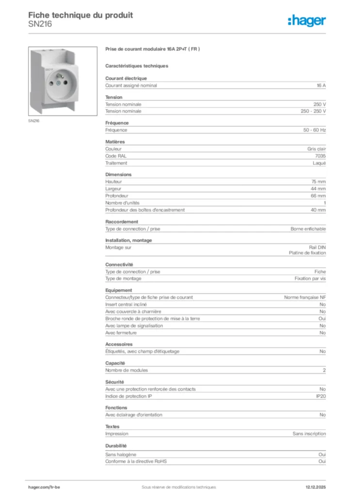Image Hager Fiche technique du produit SN216 | Hager Belgique