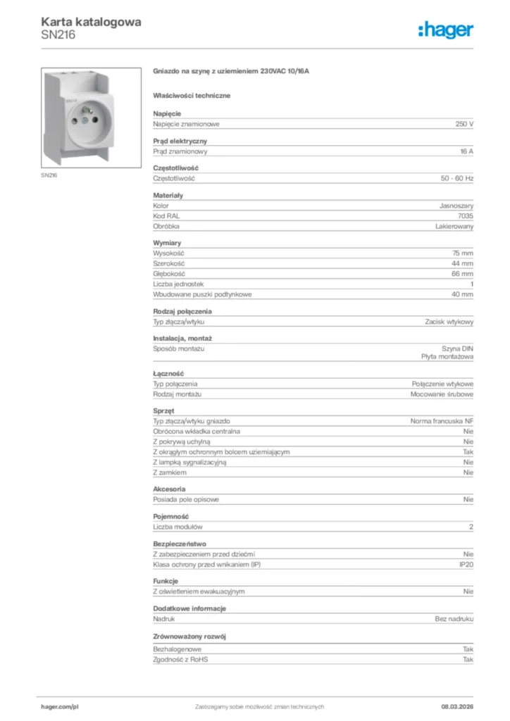 Zdjęcie Hager Karta katalogowa SN216 | Hager Polska
