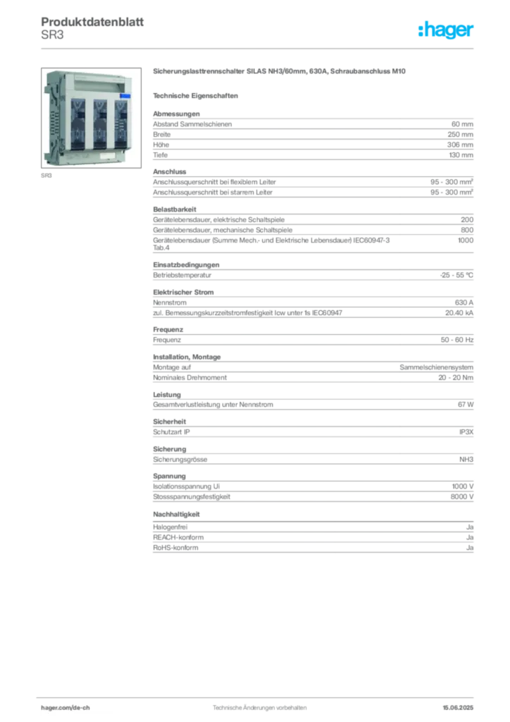Bild Hager Produktdatenblatt SR3 | Hager Schweiz