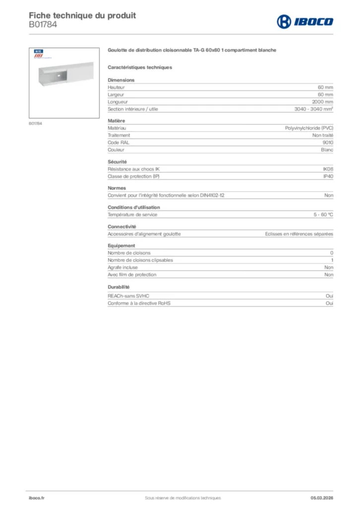 Image Iboco Fiche technique du produit B01784 | Hager France