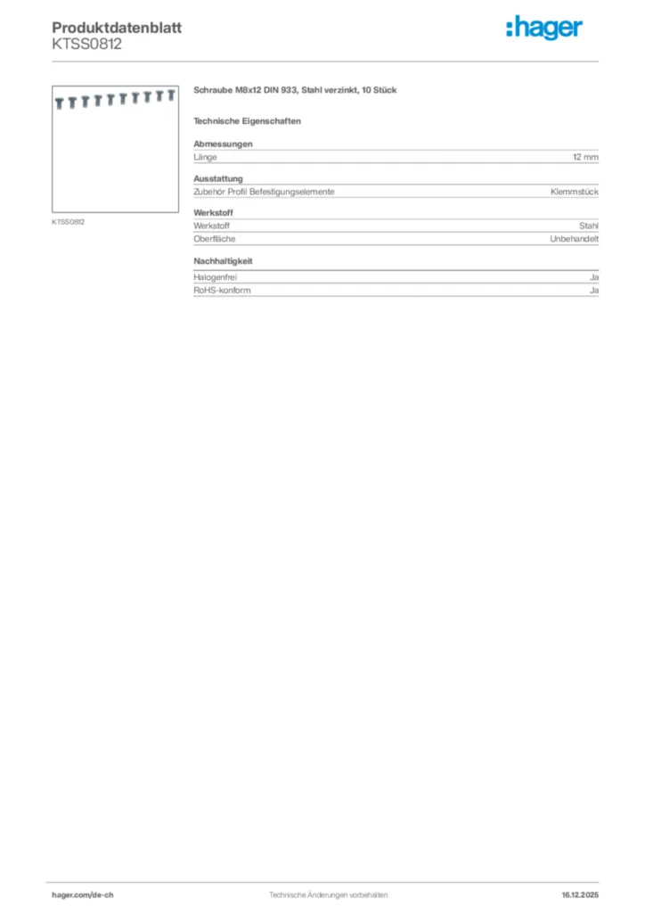 Bild Hager Produktdatenblatt KTSS0812 | Hager Schweiz