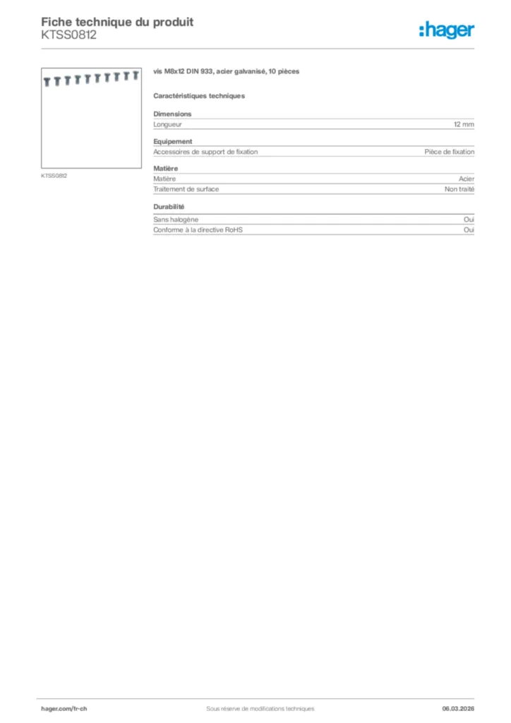 Image Hager Fiche technique du produit KTSS0812 | Hager Suisse