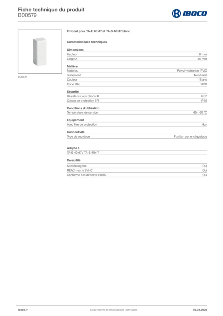 Image Iboco Fiche technique du produit B00579 | Hager France