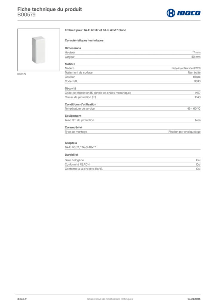Image Iboco Fiche technique du produit B00579 | Hager France