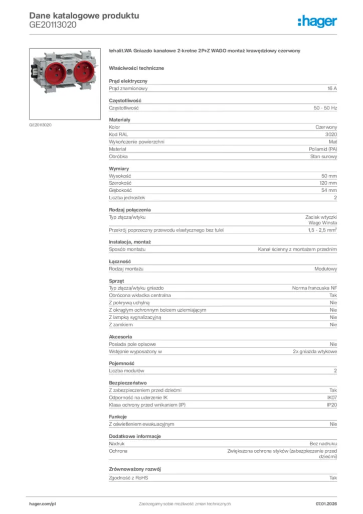 Zdjęcie Hager Karta katalogowa GE20113020 | Hager Polska