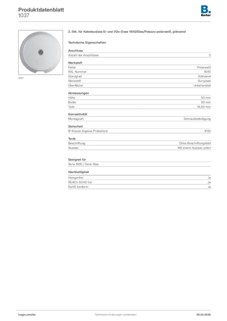 Bild Berker Produktdatenblatt 1037 | Hager Deutschland