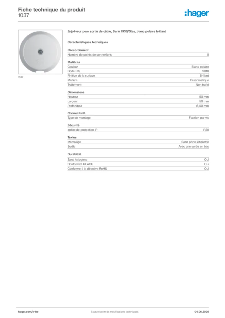 Image Hager Fiche technique du produit 1037 | Hager Belgique