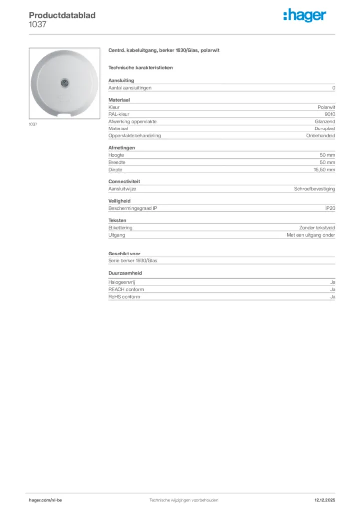 Afbeelding Hager Productdatablad 1037 | Hager Belgium