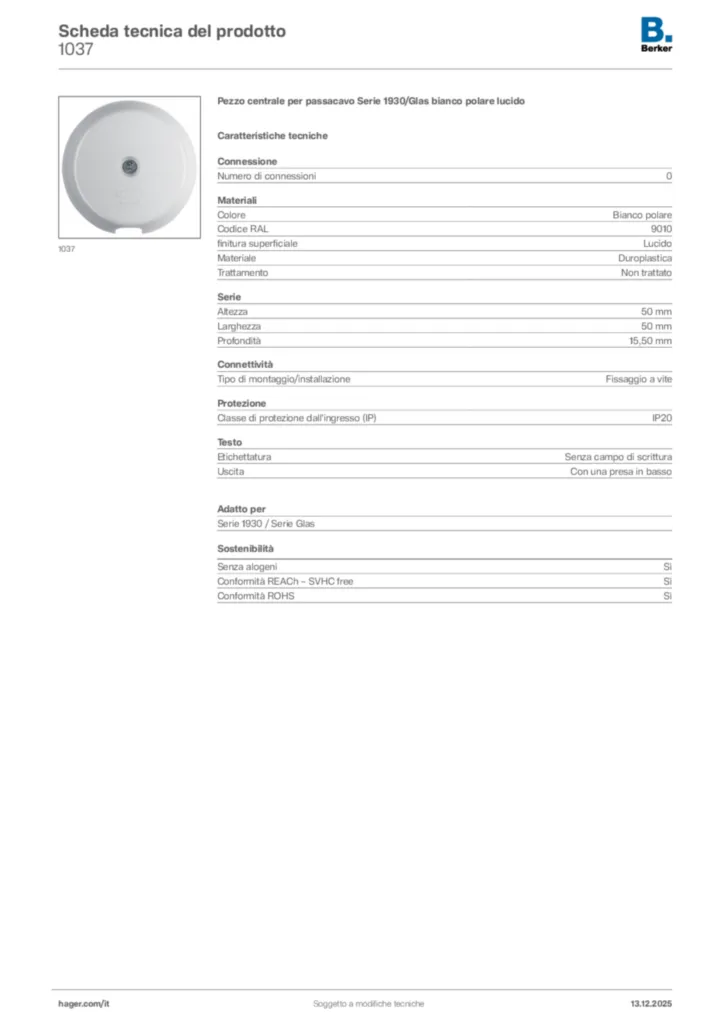 Immagine Berker Scheda tecnica del prodotto 1037 | Hager Italia