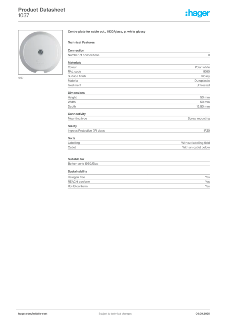 Image Hager Product data sheet 1037  | Hager