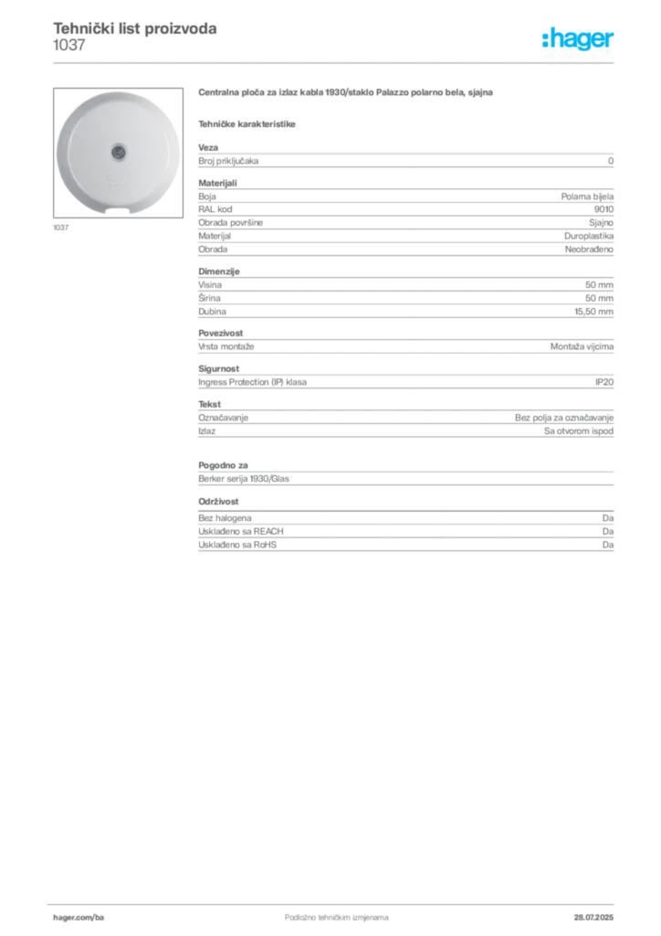 Slika Hager Product data sheet 1037  | Hager