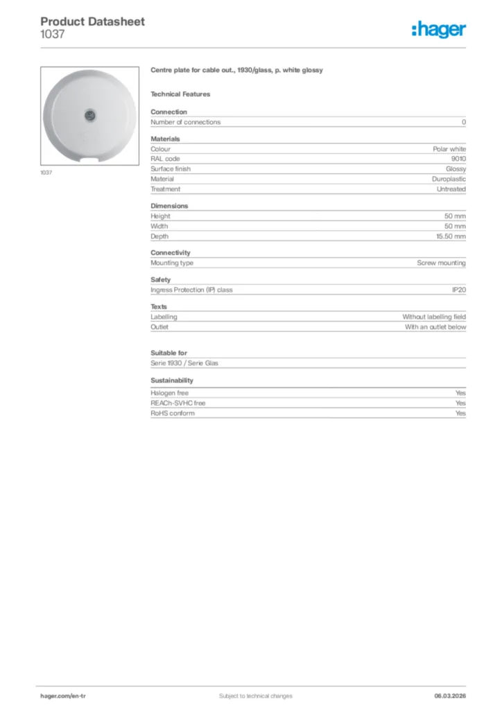 Image Hager Product data sheet 1037  | Hager