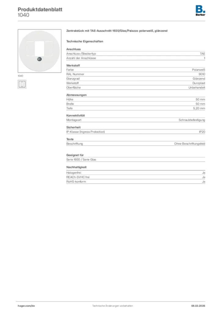 Bild Berker Produktdatenblatt 1040 | Hager Deutschland
