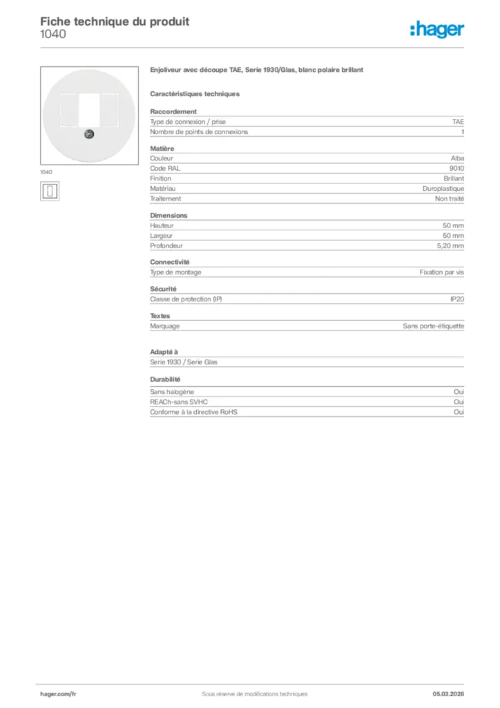 Image Hager Fiche technique du produit 1040 | Hager France
