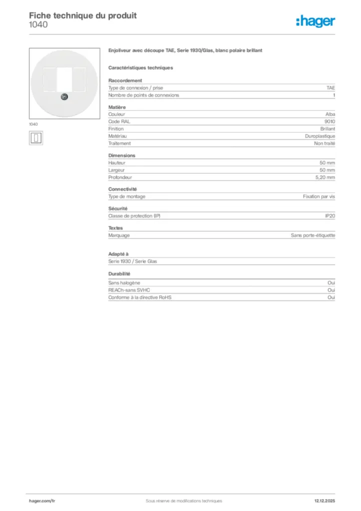Image Hager Fiche technique du produit 1040 | Hager France