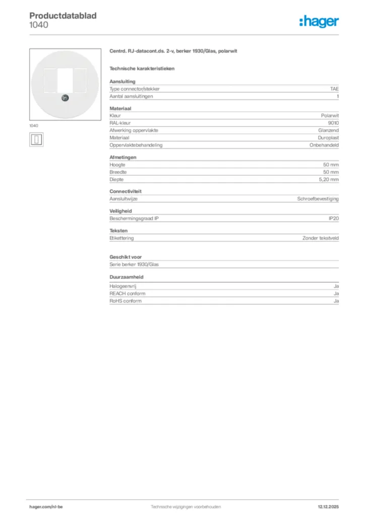 Afbeelding Hager Productdatablad 1040 | Hager Belgium