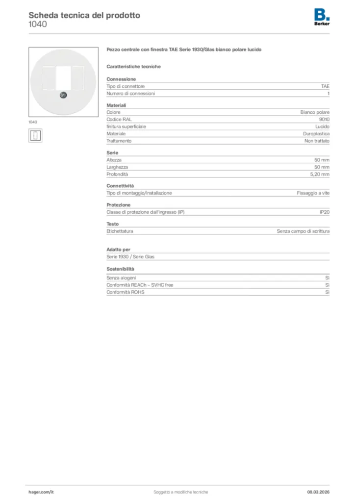 Immagine Berker Scheda tecnica del prodotto 1040 | Hager Italia