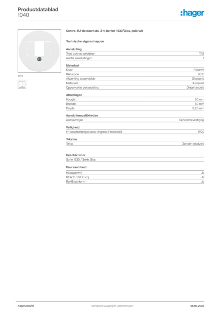 Afbeelding Hager Productdatablad 1040 | Hager Nederland