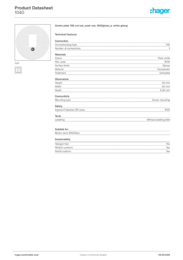Image Hager Product data sheet 1040  | Hager