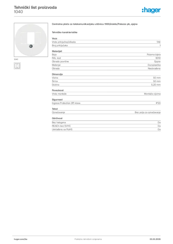 Slika Hager Tehnički list proizvoda 1040  | Hager