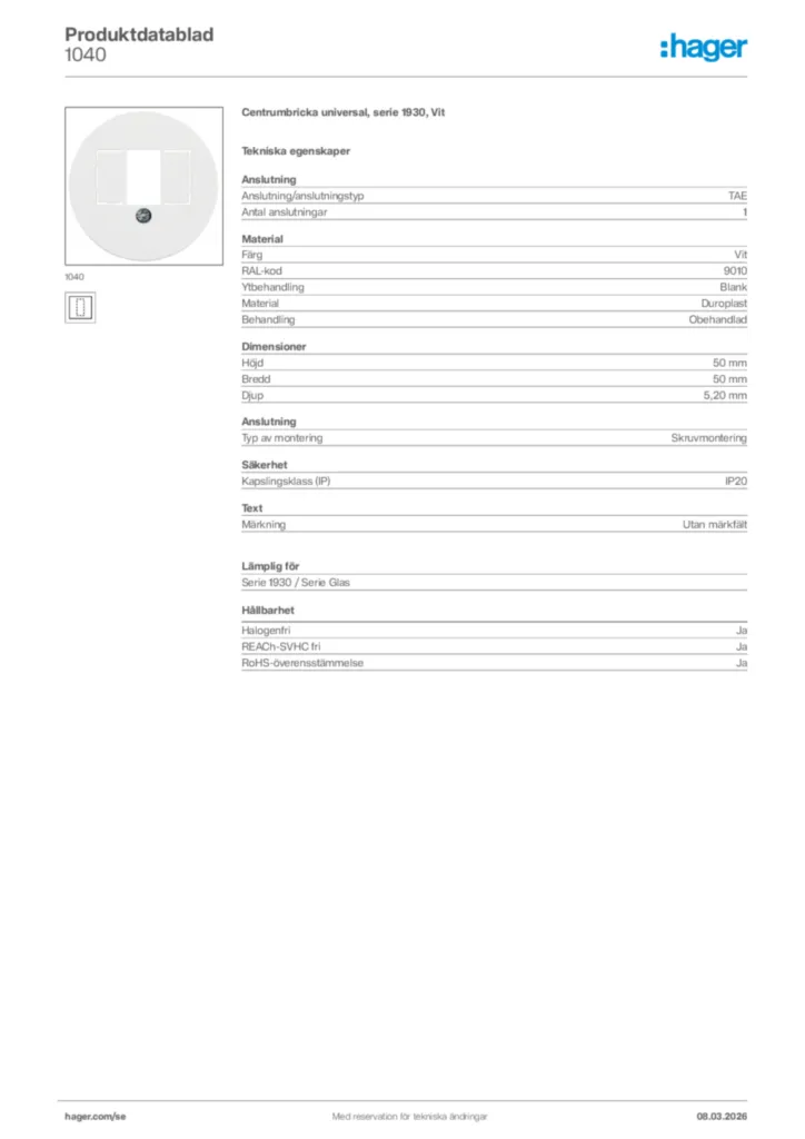 Bild Hager Produktdatablad 1040 | Hager Sverige