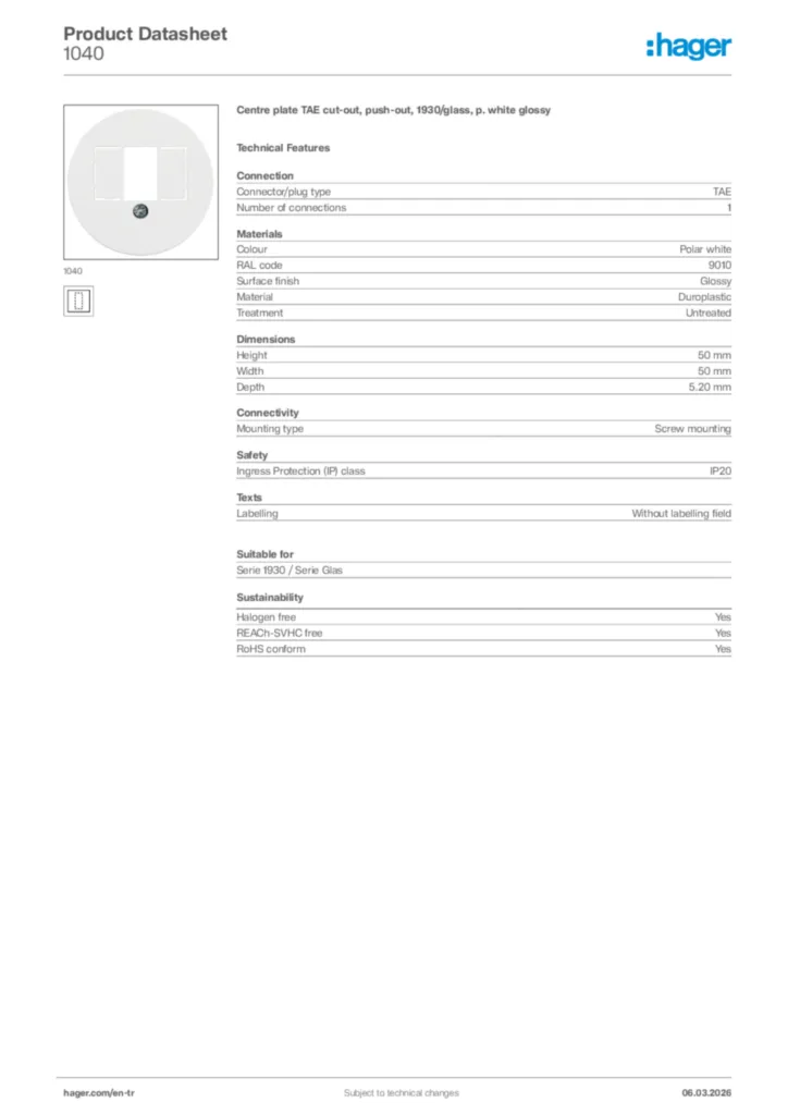 Image Hager Product data sheet 1040  | Hager