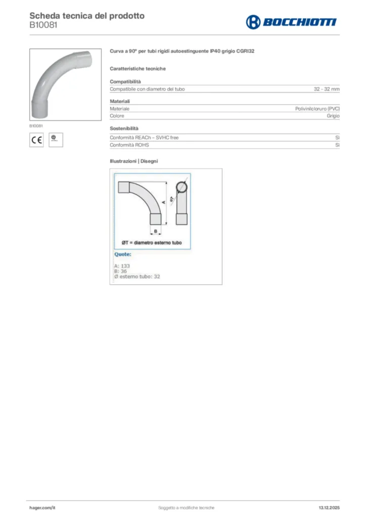 Immagine Bocchiotti Scheda tecnica del prodotto B10081 | Hager Italia