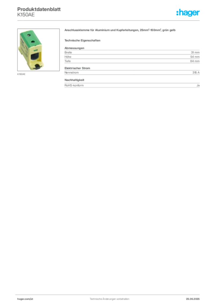 Bild Hager Produktdatenblatt K150AE | Hager Deutschland