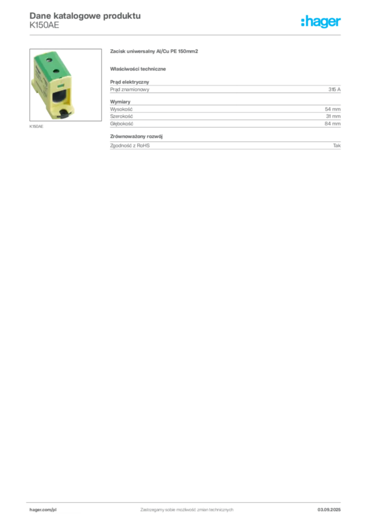 Zdjęcie Hager Karta katalogowa K150AE | Hager Polska