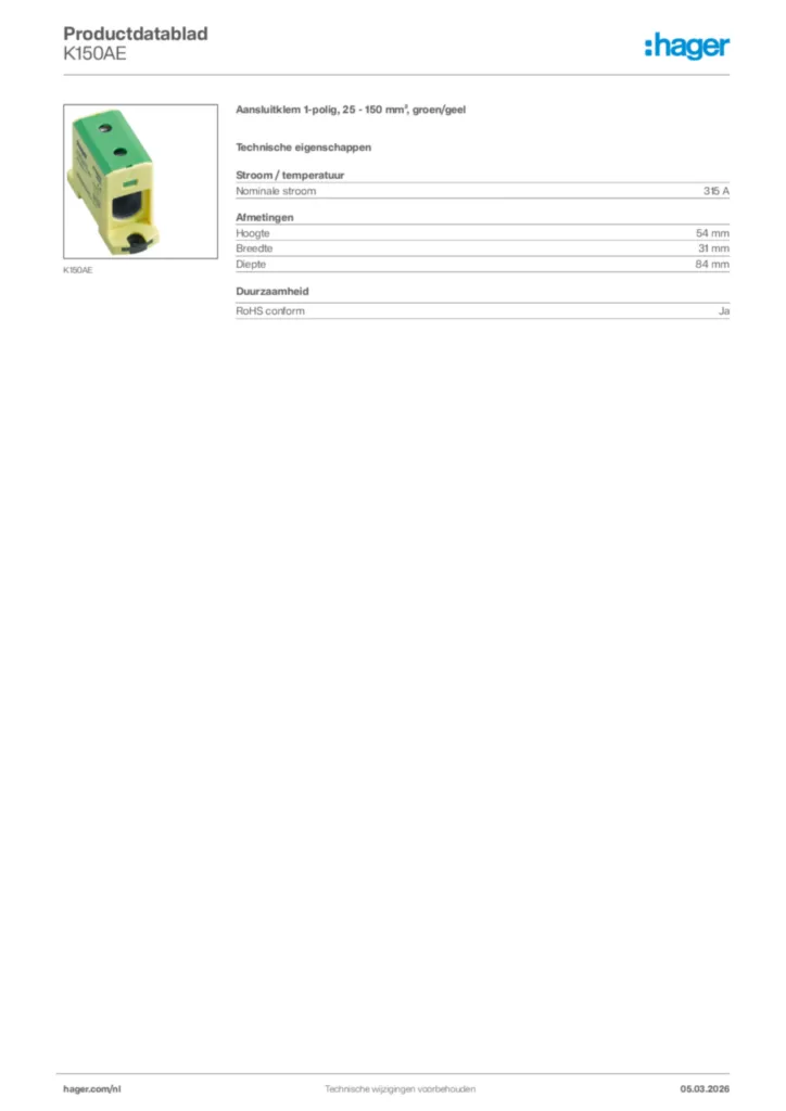 Afbeelding Hager Productdatablad K150AE | Hager Nederland