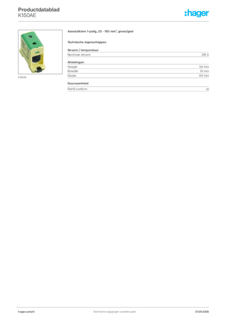 Afbeelding Hager Productdatablad K150AE | Hager Nederland