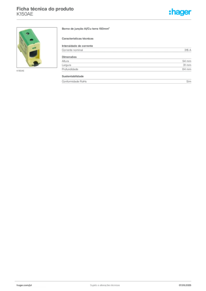 Imagem Hager Ficha técnica do produto K150AE | Hager Portugal