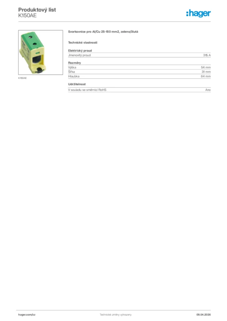 Obrázek Hager Product data sheet K150AE | Hager