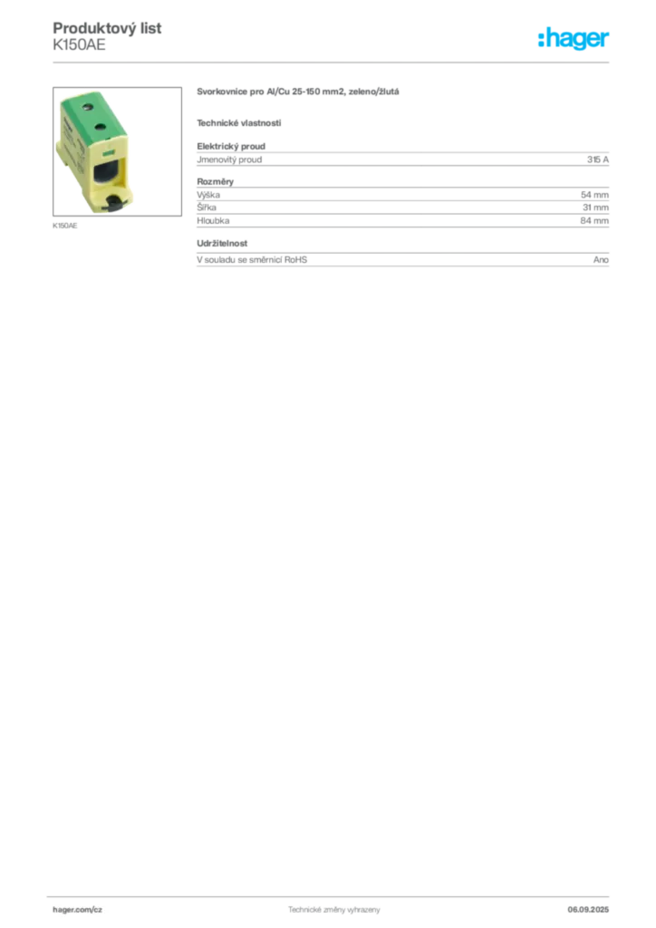 Obrázek Hager Produktový list K150AE | Hager