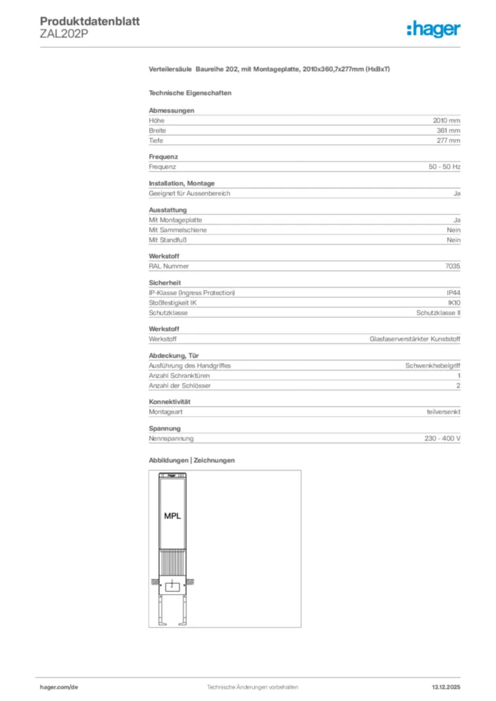 Bild Hager Produktdatenblatt ZAL202P | Hager Deutschland