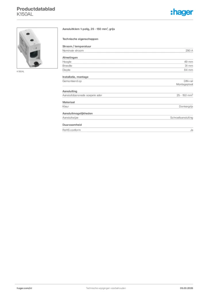 Afbeelding Hager Productdatablad K150AL | Hager Nederland