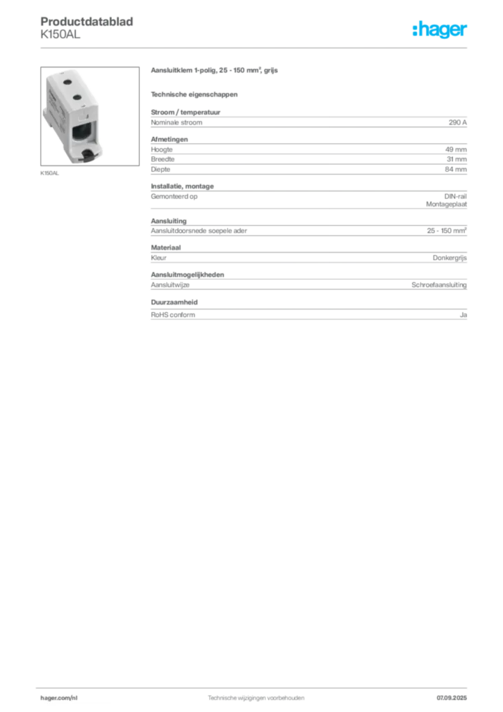 Afbeelding Hager Productdatablad K150AL | Hager Nederland
