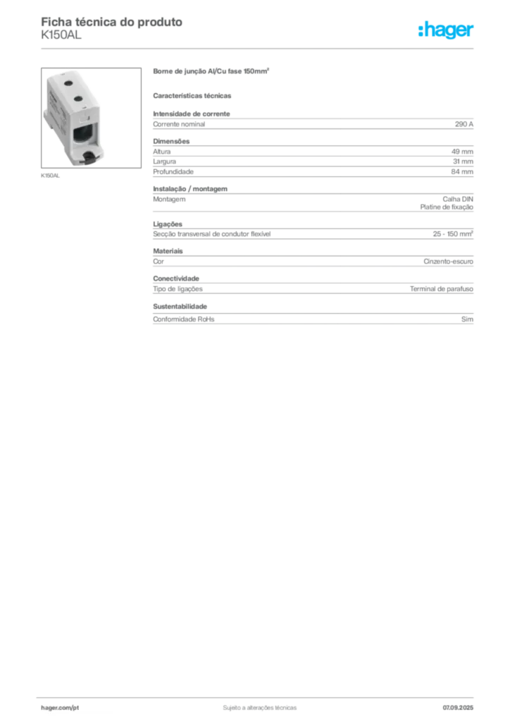 Imagem Hager Ficha técnica do produto K150AL | Hager Portugal