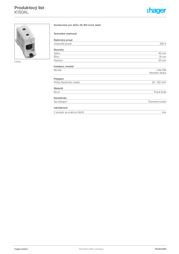 Obrázek Hager Produktový list K150AL | Hager