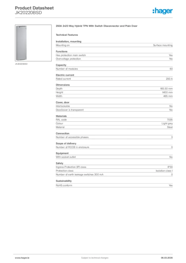Image Hager Product data sheet JK20220BSD  | Hager