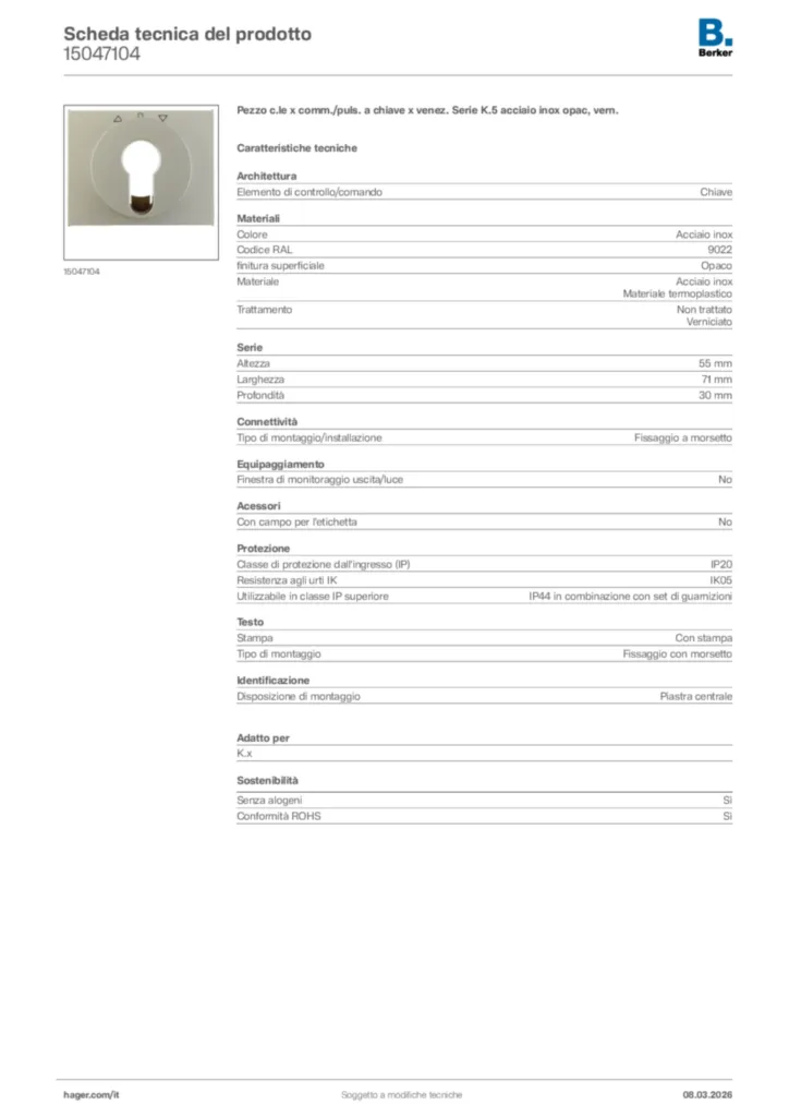 Immagine Berker Scheda tecnica del prodotto 15047104 | Hager Italia