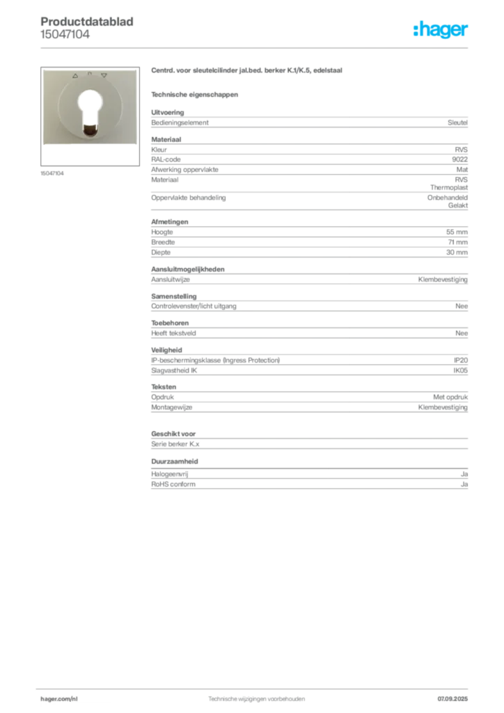 Afbeelding Hager Productdatablad 15047104 | Hager Nederland