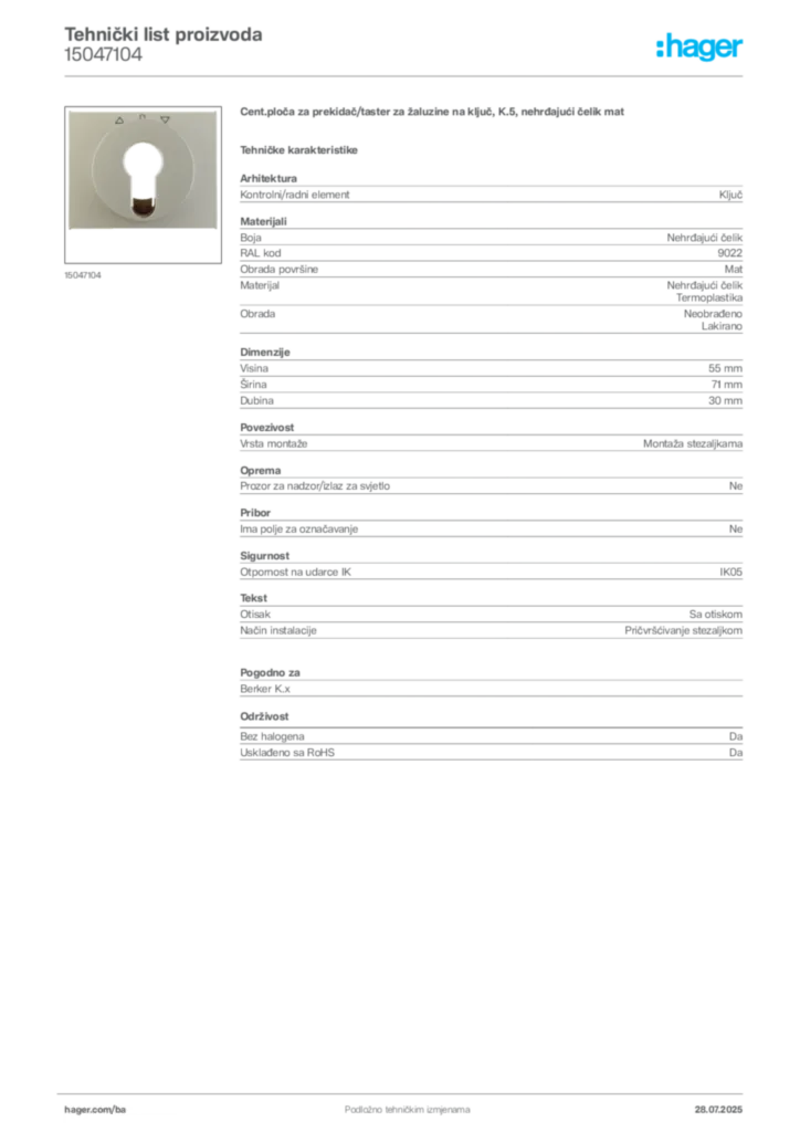 Slika Hager Product data sheet 15047104  | Hager